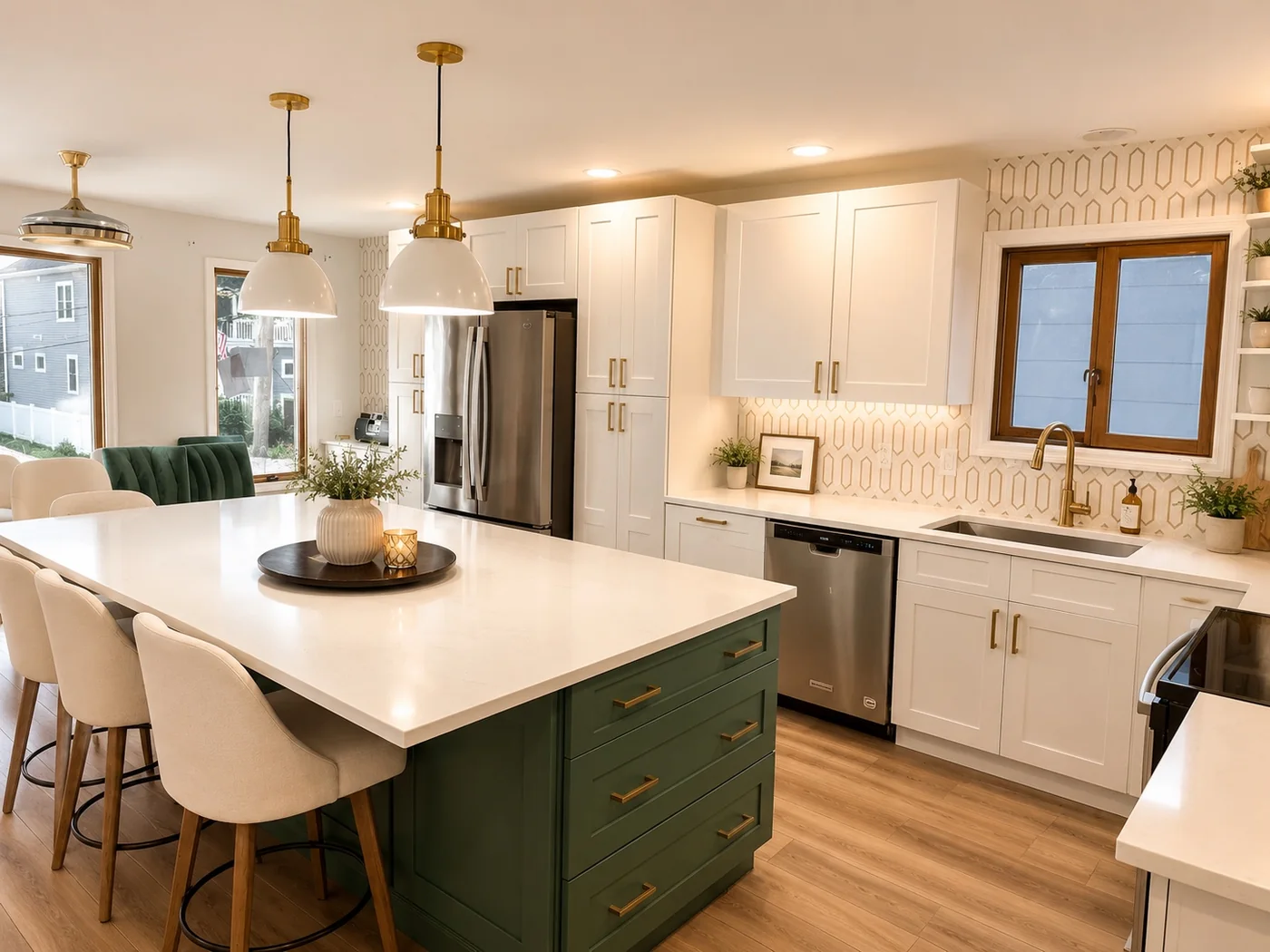 Kitchen renovation with green island and white cabinetry